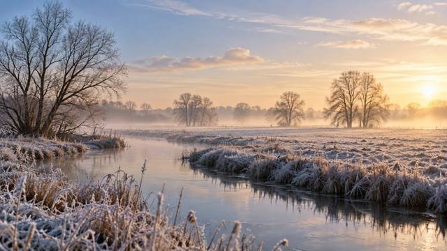 Winterlandschap met rijp, ochtendmist en zacht zonlicht